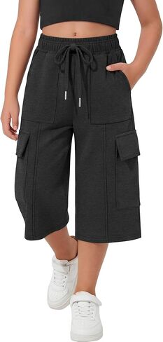 Girl's Capri Sweatpants Kids Wide Leg Cargo Capris Baggy Elastic Waist Drawstring Active Casual Pants with Pockets in Saudi Arabia