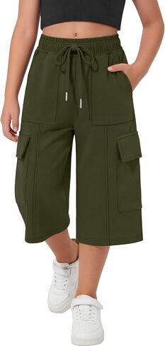 Girl's Capri Sweatpants Kids Wide Leg Cargo Capris Baggy Elastic Waist Drawstring Active Casual Pants with Pockets in Saudi Arabia
