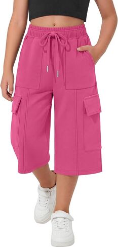 Girl's Capri Sweatpants Kids Wide Leg Cargo Capris Baggy Elastic Waist Drawstring Active Casual Pants with Pockets in Saudi Arabia
