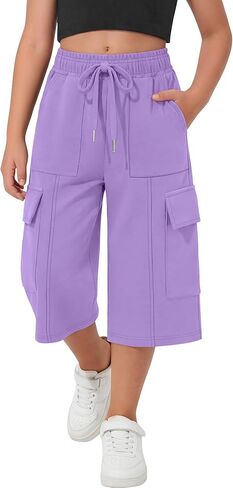 Girl's Capri Sweatpants Kids Wide Leg Cargo Capris Baggy Elastic Waist Drawstring Active Casual Pants with Pockets in Saudi Arabia