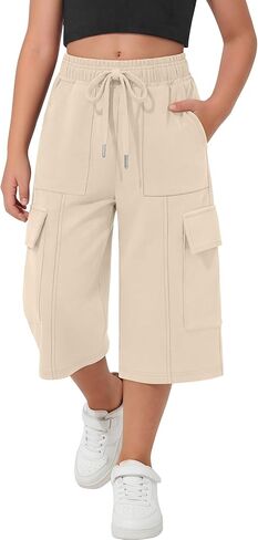 Girl's Capri Sweatpants Kids Wide Leg Cargo Capris Baggy Elastic Waist Drawstring Active Casual Pants with Pockets in Saudi Arabia