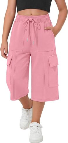 Girl's Capri Sweatpants Kids Wide Leg Cargo Capris Baggy Elastic Waist Drawstring Active Casual Pants with Pockets in Saudi Arabia