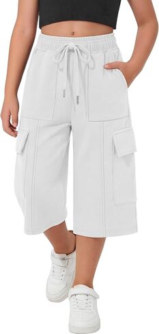 Girl's Capri Sweatpants Kids Wide Leg Cargo Capris Baggy Elastic Waist Drawstring Active Casual Pants with Pockets in Saudi Arabia