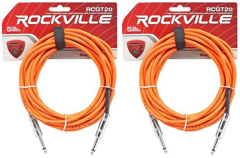 Rockville RCGT20O 20 Ft 1/4 in TS to 1/4 in TS Guitar Instrument Cable, OFC Copper, Nickel Plated Plugs, for Studio, Live Rigs and Home Setups, 2-piece in Saudi Arabia