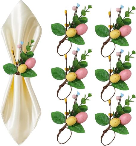 Easter Napkin Ring Set of 6, Easter Egg Floral Leaf Rustic Eucalyptus Rattan Napkin Ring Holder Farmhouse Spring Table Decorations for Family Dining Banquet Wedding Easter Holiday Table Decor in Saudi Arabia