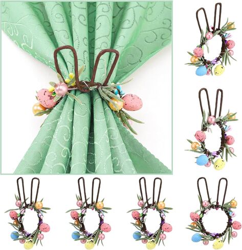 WILLBOND 6 Set Easter Napkin Rings Bunny Wreath Napkin Rings with Handmade Wicker Bunny Ear Easter Eggs Flowers and Leaves Festive Table Decorations for Spring Dinner Parties in Saudi Arabia