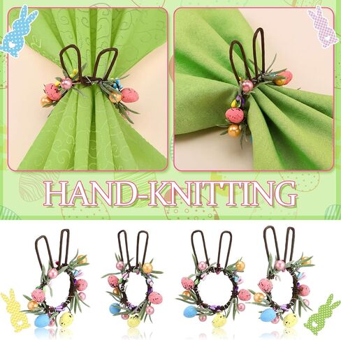 WILLBOND 6 Set Easter Napkin Rings Bunny Wreath Napkin Rings with Handmade Wicker Bunny Ear Easter Eggs Flowers and Leaves Festive Table Decorations for Spring Dinner Parties in Saudi Arabia