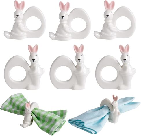 White Bunny Napkin Rings Set of 6, Ceramic Easter Table Decor for Spring Party, Daily Dining, Banquet, Easy Clean Porcelain Easter Bunny Napkin Rings (Pink Ear) in Saudi Arabia