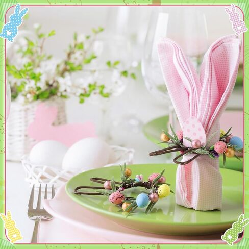 WILLBOND 6 Set Easter Napkin Rings Bunny Wreath Napkin Rings with Handmade Wicker Bunny Ear Easter Eggs Flowers and Leaves Festive Table Decorations for Spring Dinner Parties in Saudi Arabia