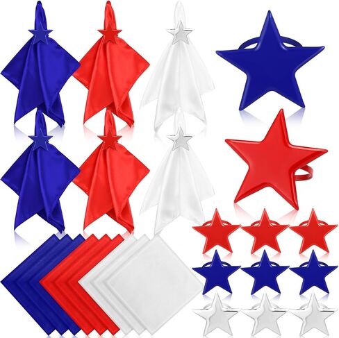 12 Sets Patriotic Cloth Napkin with Metal Napkin Rings Set 4th of July Red White Blue Silver Star Ring Holder for 250th Anniversary Memorial Independence Day Party Dining Table Decoration in Saudi Arabia
