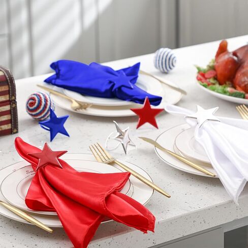 12 Sets Patriotic Cloth Napkin with Metal Napkin Rings Set 4th of July Red White Blue Silver Star Ring Holder for 250th Anniversary Memorial Independence Day Party Dining Table Decoration in Saudi Arabia