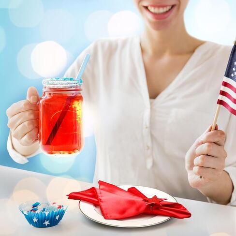 12 Sets Patriotic Cloth Napkin with Metal Napkin Rings Set 4th of July Red White Blue Silver Star Ring Holder for 250th Anniversary Memorial Independence Day Party Dining Table Decoration in Saudi Arabia