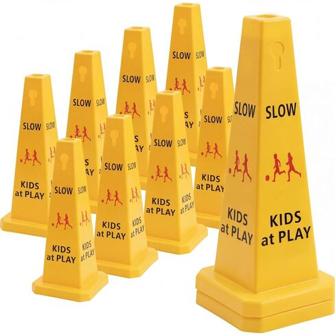 Cinnvoice 10 Pack Slow Down Kids at Play Cones 26.38 Inch Slow Kid at Play Safety Signs for Street Four Side Visibility Floor Standing Yellow Traffic Cone for Lawn, School, Yard, Gymnasium, Playground in Saudi Arabia