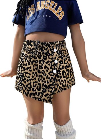 Wdirara Toddler Girl's Leopard Print Wrap Denim Skorts Skorts مرنة الخصر in Saudi Arabia