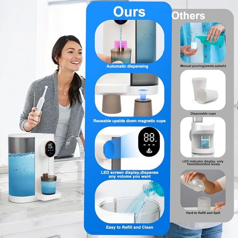 Longzhuo Automatic Mouthwash Dispenser for Bathroom, 20.3 Oz Touchless Mouth Wash Dispensers with 2 Magnetic Cups, USB Rechargeable Wall/Countertop Bathroom Accessories for Home & Kids in Saudi Arabia