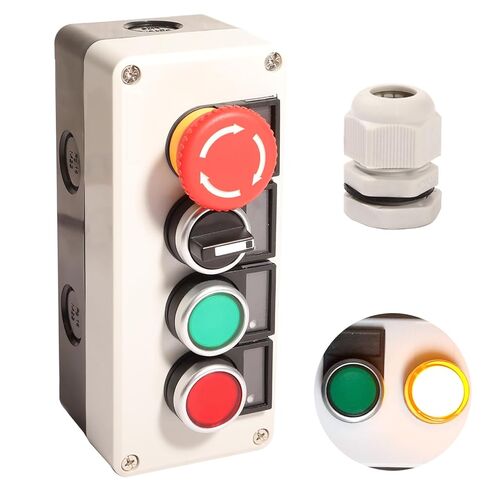 Push Button Control Station Emergency Stop 22mm Momentary Red Green Switch 10A Rotary Selector Industrial Use Switch Mushroom Latching 4 Positions 2NO Box in Kuwait