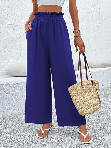 Women's Plus Size Wide Leg Pants Elastic Waist Hide Drawstring Loose Work Pants Trousers with Pockets in Saudi Arabia