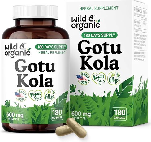 Capsules Gotu Kola Wild والعضوية 600 ملغ - دعم الدماغ والتركيز - ملحق GOTU KOLA - مسحوق Centella Asiatica - 180 يومًا من الإمداد - نباتي ، لا حشو ، غير محلي ، 180 COUNT in Saudi Arabia