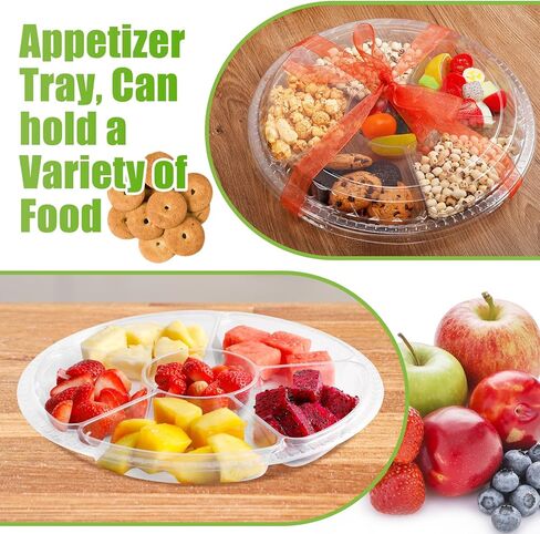 30 قطعة من صواني المقبلات البلاستيكية مع الأغطية، صينية تقديم للاستعمال مرة واحدة مع 6 حجرات، طبق حاوية طعام دائري شفاف مقاس 12.3 بوصة، صواني تقديم شديدة التحمل لوجبة خفيفة من سلطة الخضروات والفواكه in Kuwait
