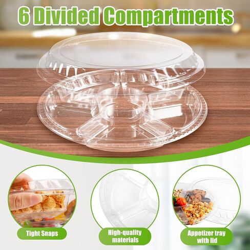 30 قطعة من صواني المقبلات البلاستيكية مع الأغطية، صينية تقديم للاستعمال مرة واحدة مع 6 حجرات، طبق حاوية طعام دائري شفاف مقاس 12.3 بوصة، صواني تقديم شديدة التحمل لوجبة خفيفة من سلطة الخضروات والفواكه in Kuwait