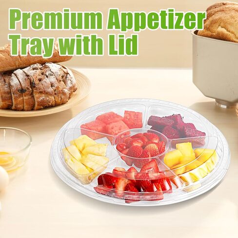 30 قطعة من صواني المقبلات البلاستيكية مع الأغطية، صينية تقديم للاستعمال مرة واحدة مع 6 حجرات، طبق حاوية طعام دائري شفاف مقاس 12.3 بوصة، صواني تقديم شديدة التحمل لوجبة خفيفة من سلطة الخضروات والفواكه in Kuwait