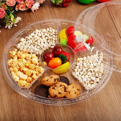 30 قطعة من صواني المقبلات البلاستيكية مع الأغطية، صينية تقديم للاستعمال مرة واحدة مع 6 حجرات، طبق حاوية طعام دائري شفاف مقاس 12.3 بوصة، صواني تقديم شديدة التحمل لوجبة خفيفة من سلطة الخضروات والفواكه in Kuwait