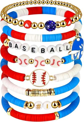 Baseball Clay Beaded Stretch Bracelets, Red White and Blue Friendship Bracelets Baseball Sport Fan Bracelet for for Sports Game Team Coach Mom Women Men Jewelry Accessories Gifts in Kuwait