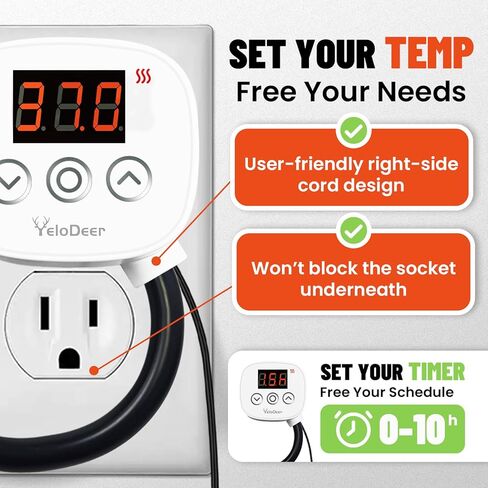 Digital Temperature Controller Outlet, Plug in Thermostat Switch 34-140°F, Timer Range 0h-10h,for Pipe Heating Reptile Greenhouse Aquarium Brewing Seedling Breeding and Hatching 110-120V 10A in Saudi Arabia