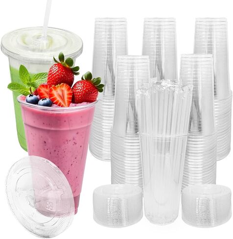 [100 SETS] 32 oz Cups with lids, Plastic cups with lids and straws, iced coffee cup, suitable for takeout iced coffee cold drinks, smoothies, juices, parfaits, Frappuccinos, and milkshakes. in Saudi Arabia