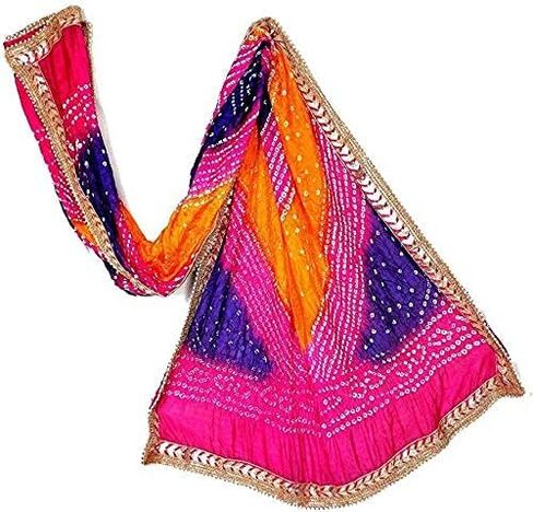 وشاح نسائي من الحرير Jaipuri Rajasthani Bandhani Bandhej ثقيل مع عمل Gota ولاتكان (برتقالي ووردي) in Kuwait