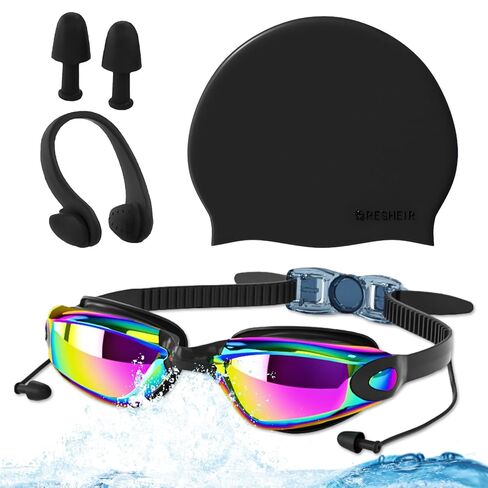 Anti Fog UV Swimming Goggles for Adults - Anti-Fog, UV Protection, Durable, Adjustable Strap, Includes Swimming Cap, Nose Clip, and Ear Plugs, Perfect for Pool and Open Water Swimming in Saudi Arabia