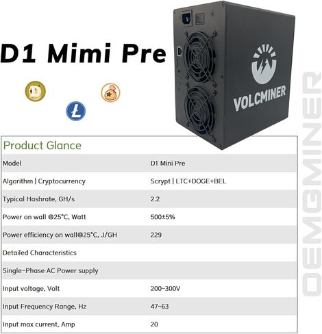 VolcMiner D1 Mini 2.2GH/s Scrypt ASIC Miner for Litecoin (LTC) Dogecoin (Doge) BEL | 500W High Efficiency Mining Rig | 200-300V Wide Voltage by OEMGMINER in Kuwait