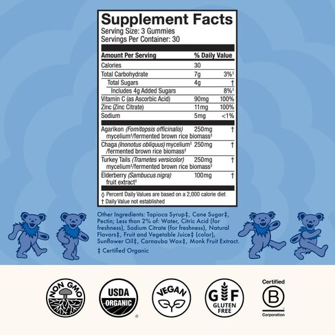 Host Defense Beary Well Grateful Dead Gummies - Mushroom Gummies with Agarikon, Turkey Tail, Chaga, Elderberry, Vitamin C & Zinc - Upper Respiratory System Health and Immune Support (30 Servings) in Saudi Arabia