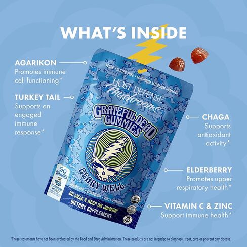 Host Defense Beary Well Grateful Dead Gummies - Mushroom Gummies with Agarikon, Turkey Tail, Chaga, Elderberry, Vitamin C & Zinc - Upper Respiratory System Health and Immune Support (30 Servings) in Saudi Arabia