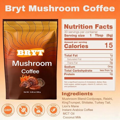 Bryt Mushroom Coffee with 6 Adaptogenic Mushrooms + Collagen – Steady Energy, Focus & Immunity Support, 6.35 oz(1pcs) in Saudi Arabia