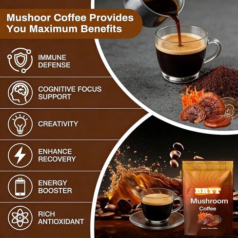 Bryt Mushroom Coffee with 6 Adaptogenic Mushrooms + Collagen – Steady Energy, Focus & Immunity Support, 6.35 oz(1pcs) in Saudi Arabia