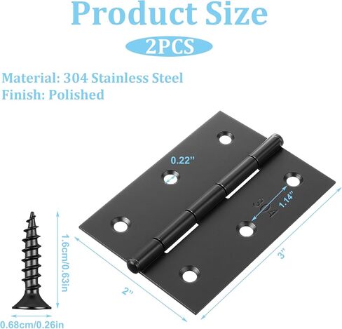 2 Pcs 3" Stainless Door Hinges,Stainless Steel Folding Butt Hinge Door Hinges with 12pcs Screws for Doors Wooden Boxes Windows (Black) in Saudi Arabia