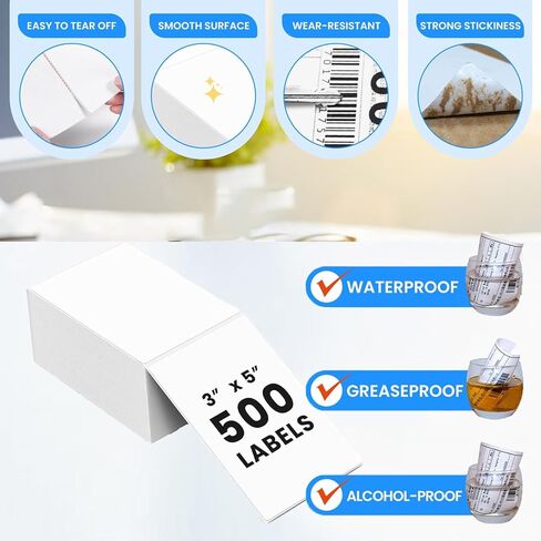 ملصقات حرارية Fanfold 3 × 5، 500 قطعة ملصق شحن مثقوب أبيض قابل للطي 70 جرام ملصقات طابعة حرارية مقاومة للماء للطابعة الحرارية، ملصقات الشحن السريع، الاستخدام الذاتي، لاصق قوي in Kuwait