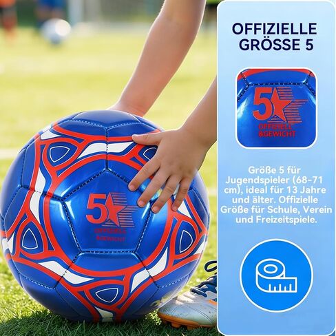 كرة قدم KUYOTQ مقاس 5، كرة قدم رسمية للمباراة والتدريب، جلد TPU أزرق معدني مع شعار أحمر، كرة قدم عالية الارتداد لجميع الأحوال الجوية للبالغين والشباب، يتم شحنها مفرغة من الهواء in Kuwait