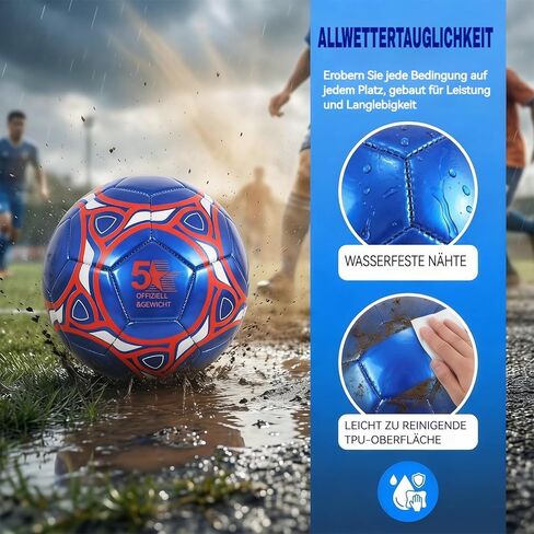 كرة قدم KUYOTQ مقاس 5، كرة قدم رسمية للمباراة والتدريب، جلد TPU أزرق معدني مع شعار أحمر، كرة قدم عالية الارتداد لجميع الأحوال الجوية للبالغين والشباب، يتم شحنها مفرغة من الهواء in Kuwait