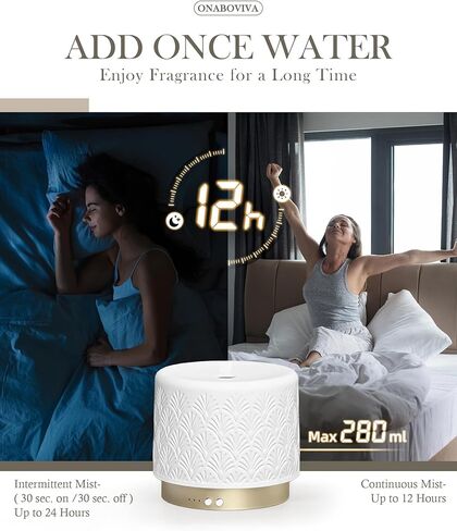 موزع روائح الزيوت العطرية من السيراميك، 280 مل 2.4 ميجاهرتز، موزع روائح العلاج العطري بالموجات فوق الصوتية مع وقت تشغيل 12 ساعة/24 ساعة، إيقاف تلقائي، تشغيل هادئ، 3 إعدادات مؤقت للغرفة الكبيرة، المنزل، المكتب، المنتجعات الصحية، اليوغا، الهدايا in Kuwait