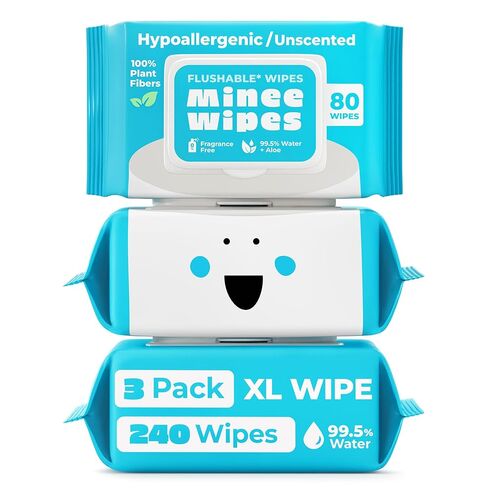 XL Flushable Wipes - Thick & Durable - 99.5% Water and Aloe - Safe for Sensitive Skin, Hypoallergenic & Unscented - Plant-Based Wet Butt Wipes for Adults, Kids & Baby Care - 3 Pack Total 240 Wipes in Saudi Arabia