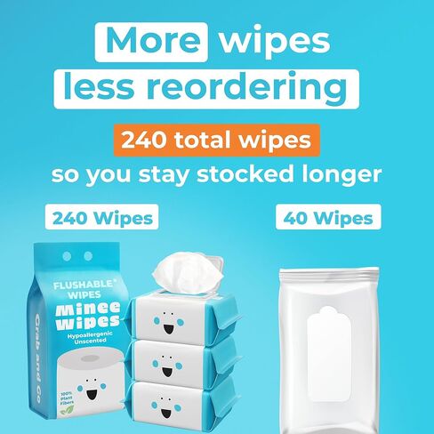 XL Flushable Wipes - Thick & Durable - 99.5% Water and Aloe - Safe for Sensitive Skin, Hypoallergenic & Unscented - Plant-Based Wet Butt Wipes for Adults, Kids & Baby Care - 3 Pack Total 240 Wipes in Saudi Arabia