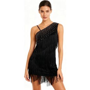 IWEMEK Asymmetric One Shoulder Latin Dance Dress for Women Rhinestones Fringe Dress 1920s Tassel Flapper Ballroom Dancewear in Kuwait