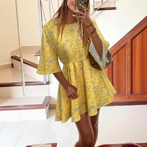 Women's Summer Resort-Style Floral Print Mid-Sleeve Short Dress in Kuwait