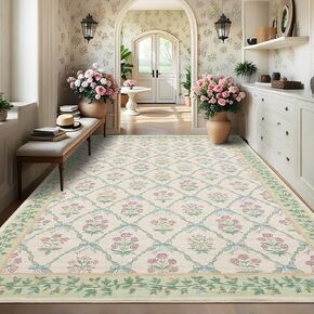 8x10 Rugs for Living Room, Washable Area Rug for Bedroom Girl with Coquette Bow Floral Pattern Non Slip Low-Pile Stain Resistant Large Throw Carpet for Dining Room Dorm Nursery, Light Green in Kuwait