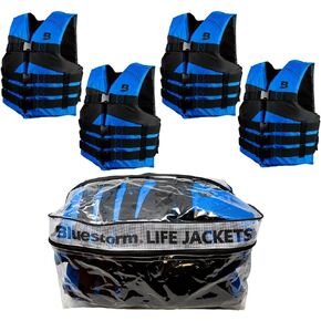 سترة نجاة للقوارب العامة للرياضات المائية ذات 4 إبزيم من Bluestorm® للبالغين | سترة نجاة من الإسفنج العالمي معتمدة من خفر السواحل الأمريكي (USCG) من النوع 3 (PFD)، 4 قطع باللون الأزرق مع حقيبة، عالمية للبالغين in Kuwait