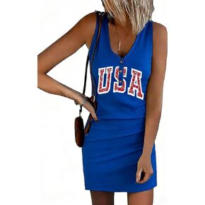 Ameircan Flag Ribbed Tank Mini Dress Women 4th of July Patriotic V Neck Button Henley Beach Sleeveless Dresses in Kuwait