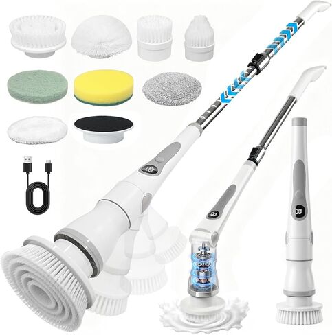 منظف ​​دوار كهربائي لاسلكي، 4 زوايا مع 8 رؤوس فرشاة قابلة للاستبدال، مقبض قابل للتعديل 3 سرعات مع شاشة LED - وقت تشغيل 90 دقيقة، فرشاة تنظيف مقاومة للماء IPX7 للحمام في حوض الاستحمام in Kuwait