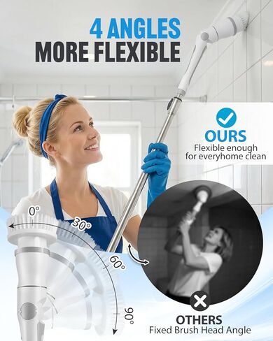 منظف ​​دوار كهربائي لاسلكي، 4 زوايا مع 8 رؤوس فرشاة قابلة للاستبدال، مقبض قابل للتعديل 3 سرعات مع شاشة LED - وقت تشغيل 90 دقيقة، فرشاة تنظيف مقاومة للماء IPX7 للحمام في حوض الاستحمام in Kuwait